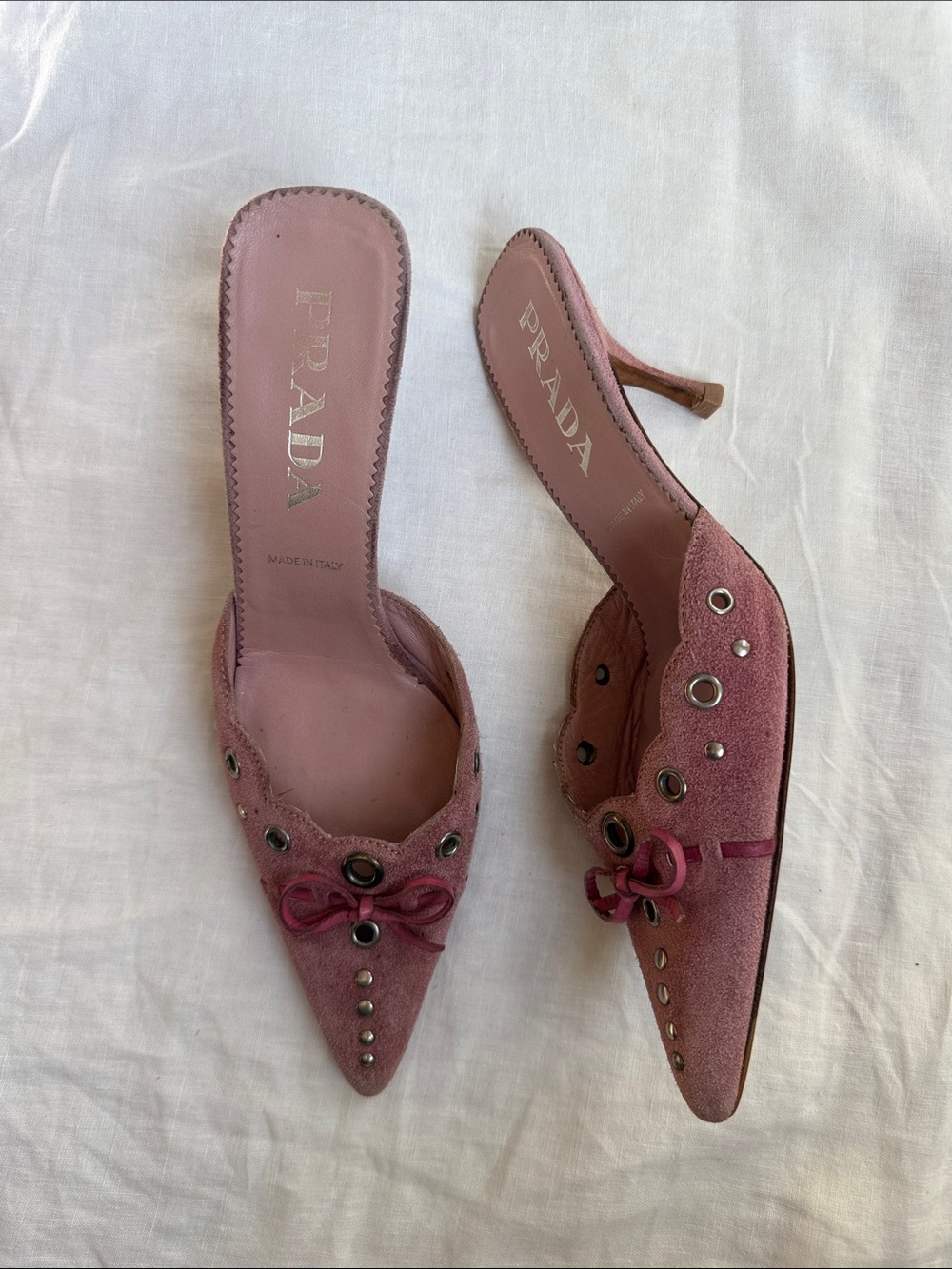 Prada Rose Pink Suede Pointed Mules with Grommet Detail - Picture 2 of 5
